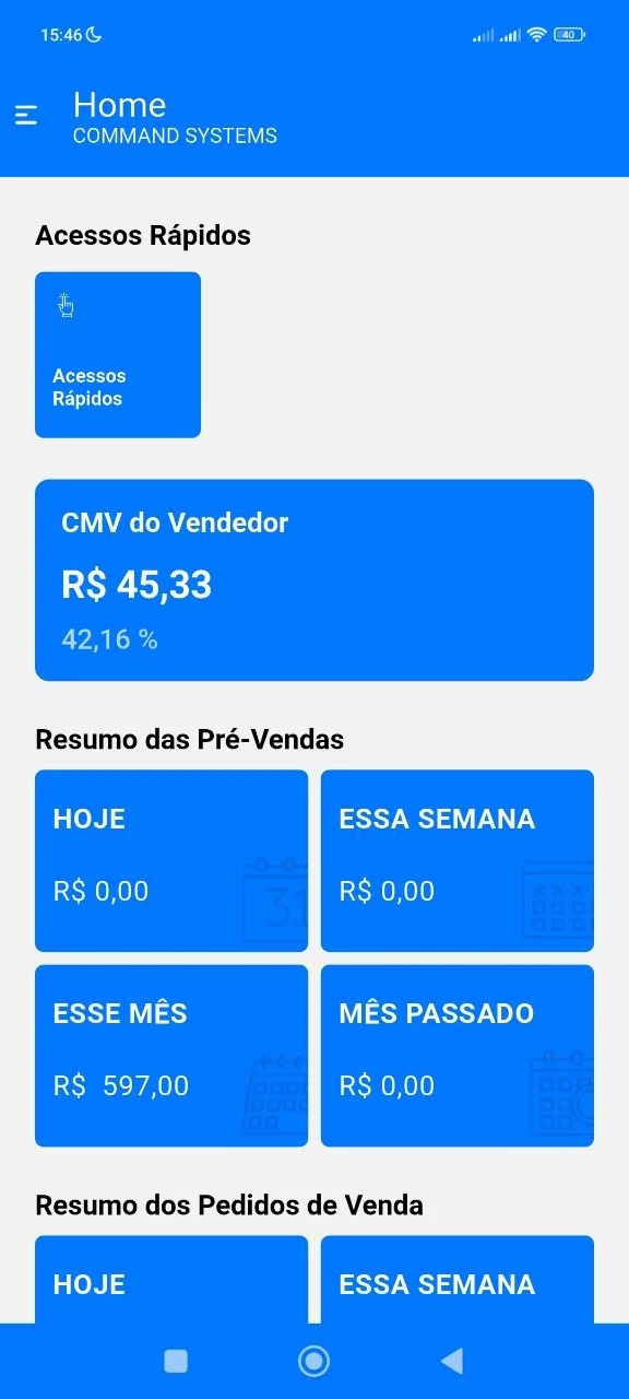 Tela inicial do aplicativo Command com acessos rápidos, CMV do vendedor e resumo das pré-vendas