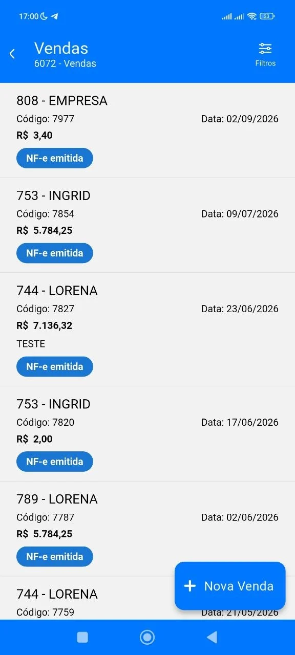 Lista de vendas do aplicativo com código, data, valor e situação de cada venda